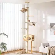 HITTITE Floor to Ceiling Cat Tree, 6 Level Adjustable Height (90.55"-118.11") Cat Climbing Tower with Sisal Scratching Post, Tall Cat Tree Tower with Condo Capsule and Cozy Hammock for Indoor Cats.