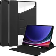 [Jarttarn] Case Compatible with Samsung Galaxy Tab S10 Ultra 14.6 Inch (2024), Tablet Leather Case with Pencil Holder, 360° Rotating Swivel Stand, Transparent Acrylic Back Shell (Black)