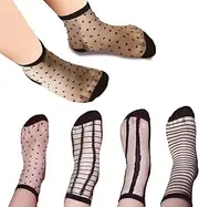 [DiaWiew] 4 Pairs Women's Black Sheer Lace Mesh Socks - Thin Nylon Short Ankle Crew Socks for Size 7-9, 4 Black-1, One Size Short