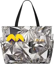 [POCUK] Glitter Abstract Diamond Crystal Pattern Large Capacity Beach Tote Bag For Women Oversized Tote Bag For Weekend Travel, Black, One Size