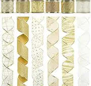 MEEDEE Gold and White Ribbon for Christmas Trees - 2.5 Inch, 6 Rolls, 36 Yards - Gold Wire Mesh Ribbon for Wreaths and Tree Decoration