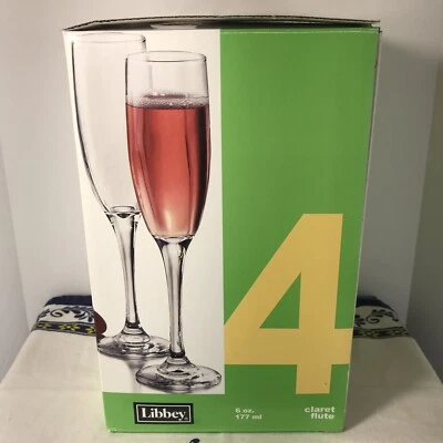 Libbey Champagne Flutes/Claret Wine Glasses Set of 4 6 oz. Original Box