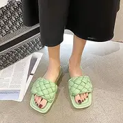 [DZXYQ] Women Summer Open Toe Square Head Plaid Weave Non-Slip Wear-Resistant Solid Color Narrow Band Flat Sandals Leather Slip Light Breathable Beach Outside Leisure Flip Flops