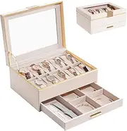 ProCase Watch Case for Women, 10 Slot Watch Display Case with Drawer, 2-Layer Womens Watch Box, 10 Watch Box Organizer, Jewelry and Watch Holder Storage Case With Glass Lid -Beige