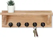 Wall Key Holder with Shelf, Rustic Shelf Hooks Made of Paulownia Wood