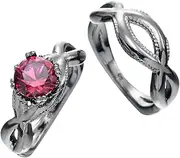 [Bigood] 2pcs Red Cubic Zirconia Solitaire Ring Stainless Steel Fashion Jewelry