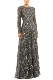 [MAC DUGGAL] EXQUISITE ROUND NECKLINE A-LINE DRESS US 12 GREY