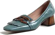 JRNIEQITO Women's Retro Loafers Shoes Genuine Leather Square Toe Heeled Loafers for Women Slip on Chunky Heel with Chain Tassels Handmade