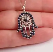 2.00 Ct Round Cut Simulated Blue Sapphire Hamsa Pendant 14K White Gold Finish