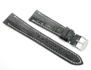 Genuine Croc Black Leather Watch Strap w/ White Stitching - Silver Buckle - 20mm
