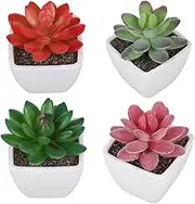 Oneyijun Mini Fake Succulents in Pots - Set of 4 Decorative Artificial Plants Indoor Lifelike Faux Plastic Plants in White Plastic Pots for Bedroom Office Bathroom Home Kitchen Decor Green Pink Red