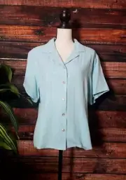 Pineapple Moon Blouse XL 100% Silk Light Turquoise Abalone Shell Button Womens