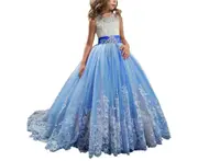 Fancy Flower Girl Dress Long Lace Pageant Puffy Tulle Ball Gown-A1-No. 36 treasure blue