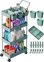 Premium 4-Tier Slim Rolling Storage Cart with Dividers, Hanging Cups & Hooks - Green Utility Cart for Bathroom & Laundry