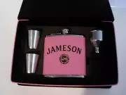 Jameson pink leather 6 oz flask gift set 2 shot glasses & funnel in leather box