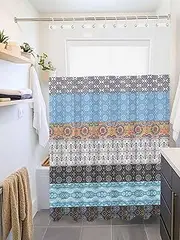 Clblhlolkuy Waterproof Shower Curtain for Bathroom, Splicing Colored Boho Ethnic Tribe Blue Hotel Fabric Soft Bath Curtain with Semi-Transparent Top Window & Hooks, 72"x72"