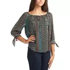 BCX Bohemian Blouse Tie Sleeve Sheer Top Metallic Floral Peasant Shirt Size MD