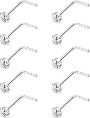 Sllaiss 10Pcs 22G Sterling Silver Small L Shape Nose Ring Studs for Women Mens Czech Crystal Curved Nose Piercings Set Body Jewelry Hypoallergenic