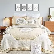 GeeComfy 5PCS Tree of Life Quilt Set 100% Cotton Embroidery Bedspread Lightweight Coverlet Set with 2 Throw Pillow Covers for Queen Size Bed All Season Use, Queen - 5PCS