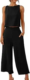 [HanzhuoLG] Women's Fallow TwoPiece Outfits Casual Summer Outfits Linen Crop Tank Top and Trousers 2Piece Sleeveless Leisure Suit with Pockets Trouser Suit Long Lightweight Fasion 15-Black X-Large