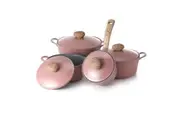 Neoflam Retro 4 Piece Set 18cm Saucepan, 22cm, 26cm Casserole & 26cm Low casserole Induction Pink Demer