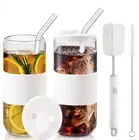 20oz Can Shaped Glass Cups with Silicone Lids and Glass Straw, 2PCS Drinking ...
