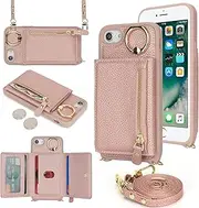 SunYoo for iPhone SE 2022 / SE 2020 Crossbody Case with Card Holders Money Slots Zipper Coin Purse Rotatable Ring Kickstand Cover Wristlet Strap Lanyard Litchi Leather Wallet for iPhone 8 7 Pink