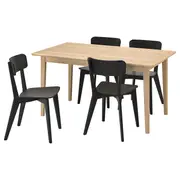 SKANSNÄS / LISABO table and 4 chairs, light beech veneer/black, 150/205 cm