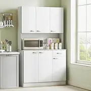 HOMCOM 71" Kitchen Pantry Cabinet, Tall Storage Cabinet with Microwave Stand, Modern Kitchen Hutch with Countertop, 6 Doors, Storage Drawer, 3 Adjustable Shelves for Living Room, Dining Room, White