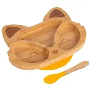 2pc Tiny Dining Yellow Bamboo Fox Baby Weaning Plate & Fork Set with Suction