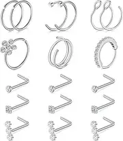 [Briana Williams] 18G 20G Nose Rings for Women Nose Piercings Nose Rings Hoops Nose Studs Surgical Stainless Steel Hoop L Shape Screw Corkscrew Nostril Piercing Jewelry Gold Silver