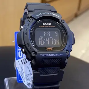 CASIO 運動型電子錶 鬧鈴計時碼錶LED照明防水50米（黑膠帶黑面）_ W-219H-8BV