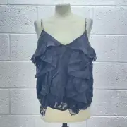 RIVER ISLAND BLACK FLORAL CAMI TOP BNWT TIERED BEADED STRAPPY MESH LINED UK 12