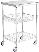 VEVOR Kitchen Utility Cart, 3 Tiers, Wire Rolling Cart with 213kg Capacity, Steel Service Cart on Wheels, Metal Storage Trolley with 76mm Basket Curved Handle PP Liner 6 Hooks, for Indoor and Outdoor