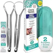 GuruNanda Tongue Scraper for Adults (2 Pack) with Travel Case, 420 Medical-Grade 100% Stainless Steel Tongue Cleaner, Aids in Fresh Breath & Oral Care