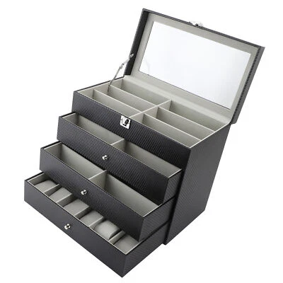 Glasses Display Case Carbon Fibre Grey Liner 4 Tiers 27 Slots Sunglass Glass AP9