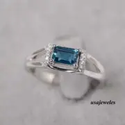 14K White Gold Over 1.54CT Emerald Cut Real Blue Topaz Split Shank Jewelry Ring