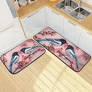 XYMZR Kitchen Mat Bird Cherry Tree for Floor, 2 Piece, Non Slip Washable Kitchen Rugs for Kitchen & Home Decor, Sink, Bathroom 19.7” x 27.6” + 19.7” + 47.2”
