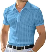 [VgueElegc] Men's Lapel Waffle Shirt Relaxed Gym Workout Slim Fitted Shirts Casual T Shirt Tops for Men, Light Blue, XX-Large