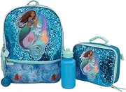 Disney The Little Mermaid Movie 4 Piece Backpack Set, Flip Sequin School Bag for Girls with Front Zip Pocket, Foam Mesh Side Pockets, Insulated Lunch Box, Water Bottle, & Squish Ball Dangle