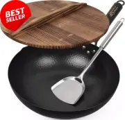 13.4" Carbon Steel Wok, Lid, Spatula, User Guide, Induction & Gas Stoves