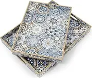 AGIOTA 2 Pack Serving Tray with Handles, Blue Rectangle Coffee Table Tray, Large Ottoman Tray for Living Room, Bathroom, Kitchen Boho Decorative Tray, Large+Small