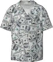 [VPPUR] Funny Dollar Money Print Fashion Short Sleeve Button Down Cuban Collar Shirt Left Chest Convenient Pocket