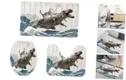 Funny Cat Bath Mat Set 3 Piece, Cool Cat Dinosaur Japanese Ocean Wave Decor