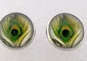 Peacock Feather Small Round Silver Alloy Post Stud Earrings Jewelry