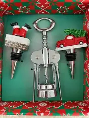 Christmas Wine Corkscrew & Stoppers Ceramic Santa Truck Gift Set Set of 3