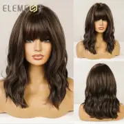 Natural Black Brown Wigs for Women Natural Fluffy Wavy Wig with Bangs for Women