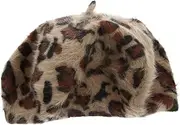 [Minkissy] Fashion Women Leopard Printed Beret Hat Warm Artist Cap for Fall Durable Design for Outdoor Wear Breathable Sunshade Suitable for Autumn Fashion Khaki