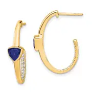 Solid 14k Yellow Gold Trillion Created Simulated Sapphire and CZ J-hoop Earrings