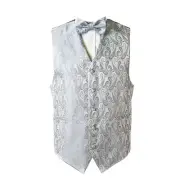 Oliver George Men's Paisley Formal Waistcoat Tuxedo Dress Vest Bow Large Silver